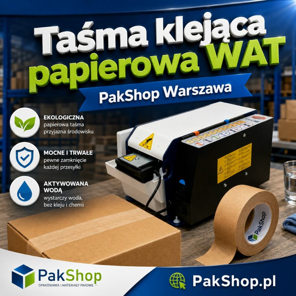 Taśma papierowa klejąca WAT 60 mm, gładka, 200 m — dostępna od ręki w Warszawie. Taśma papierowa aktywowana wodą do zamykania kartonów